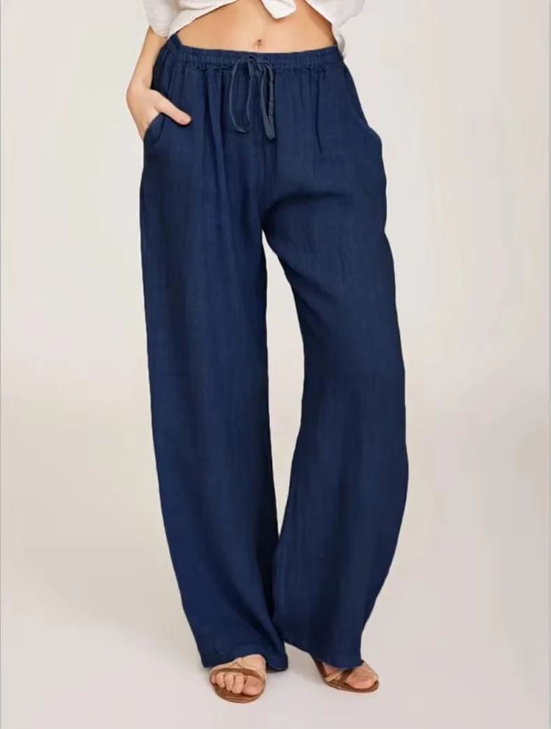 Womens Cotton Linen Wide Leg Pants – Casual Loose Trousers with Elastic Waist & Pockets