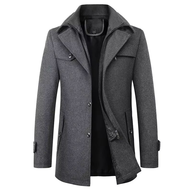 Classic Double Collar Men's Pea Coat – Elegant Men's Woolen Trench Coat Winter Overcoat