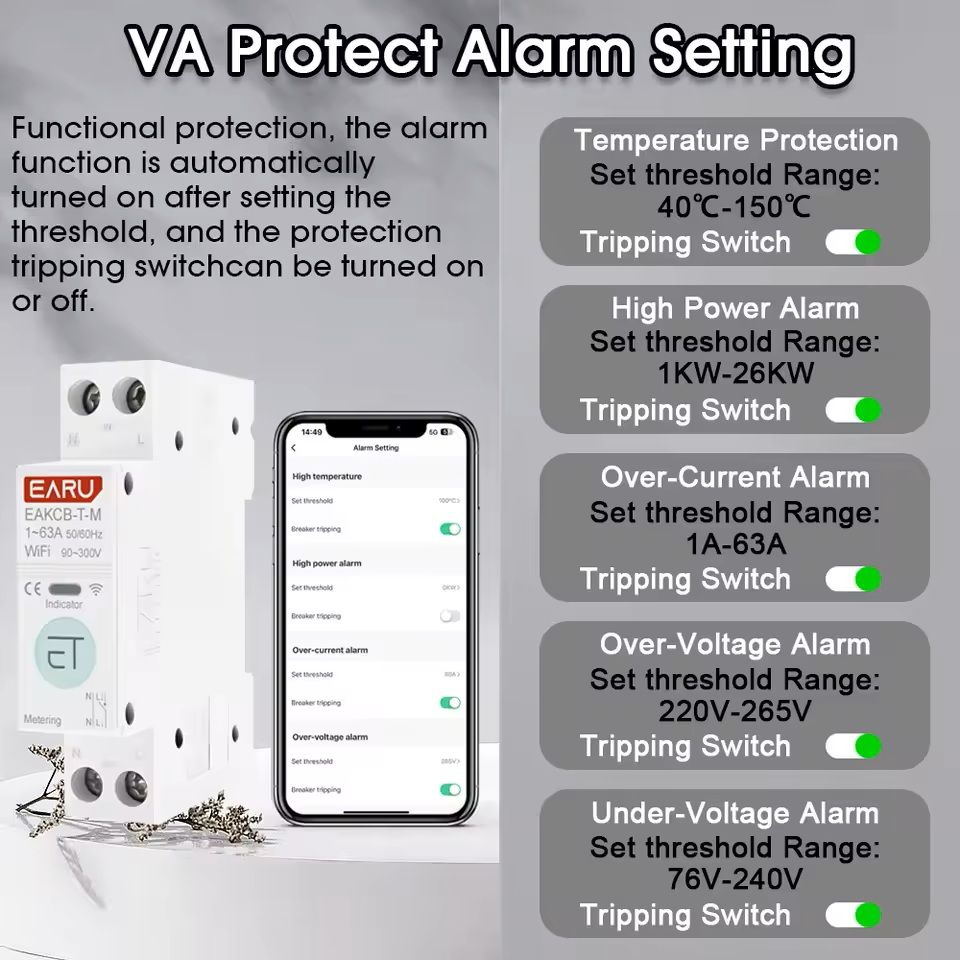 WiFi Smart Circuit Breaker – 1P+N 63A with Energy Monitoring and Voice Control