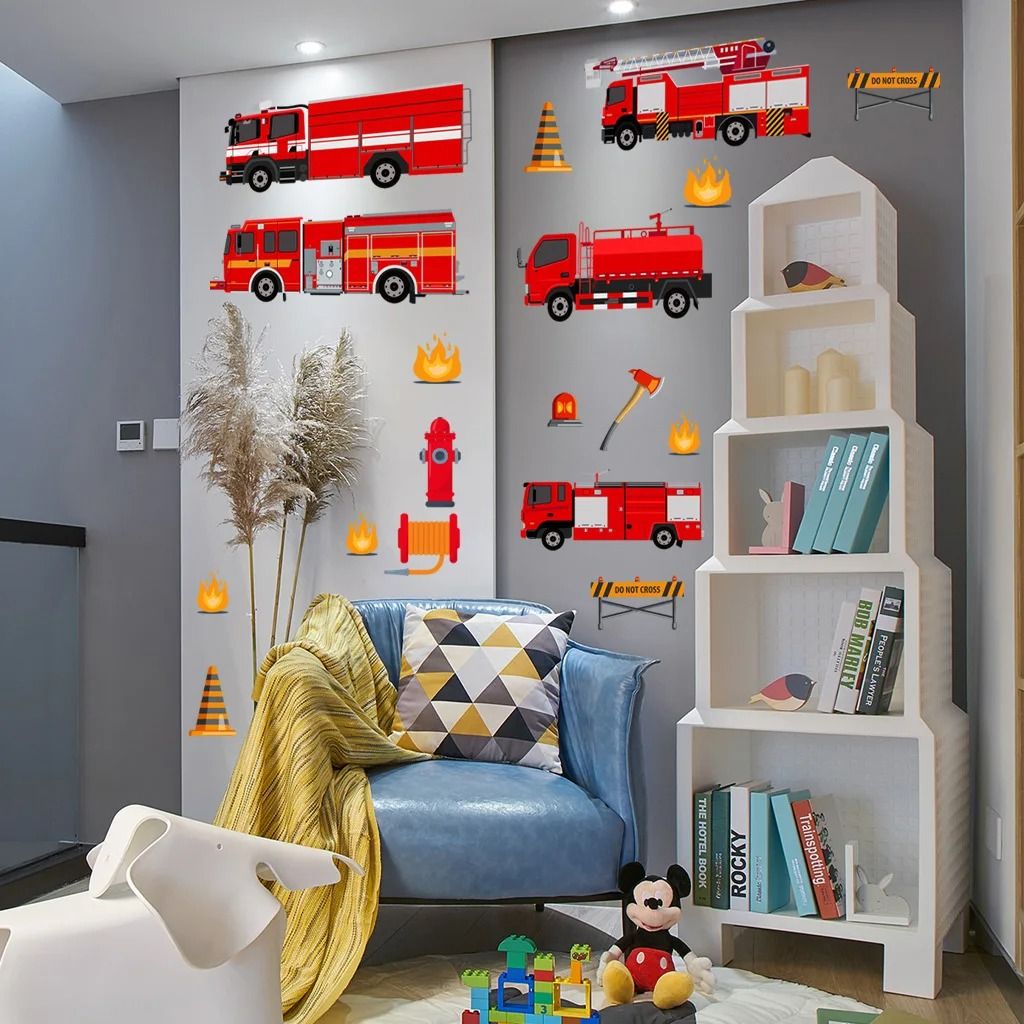 Cartoon Fire Truck Wall Decals | Fire Engine Nursery Decor | Playroom & Boys Bedroom Fireman Mural Stickers