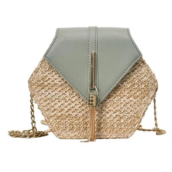 Boho Straw Rattan Shoulder Bag – Hexagon Handmade Woven Summer Handbag with Leather Strap