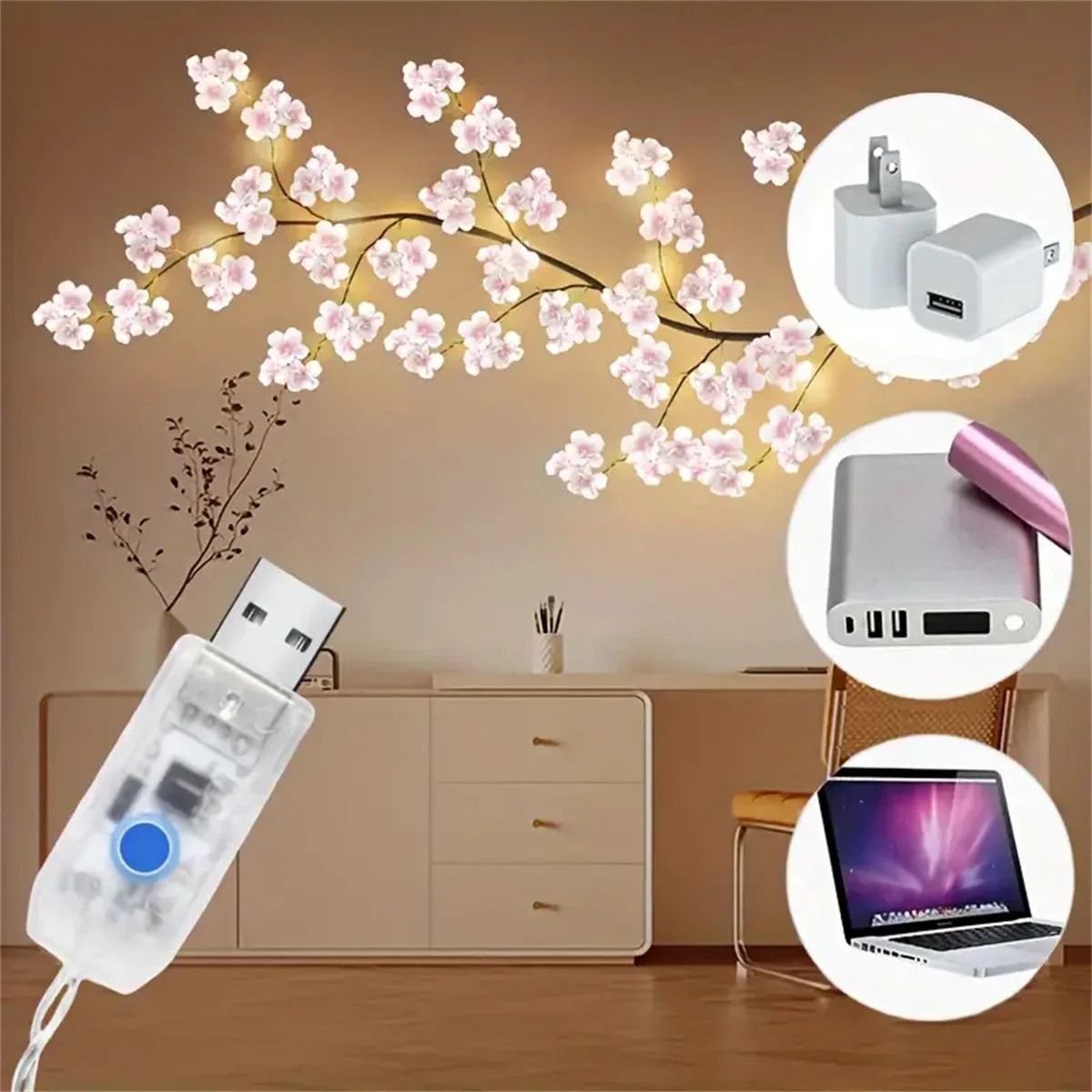 Cherry Blossom USB Tree Branch Rattan Lights with 96 LED Pink Blossoms and 8 Lighting Modes