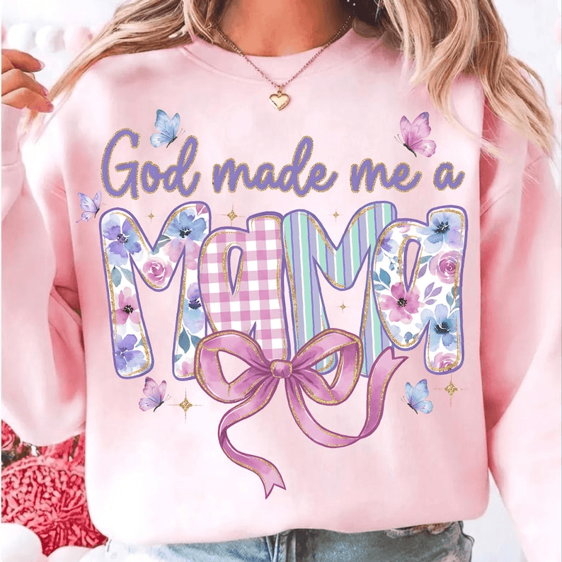 God Made Me a Mama Shirt Floral Bow Mom Life Graphic Tee