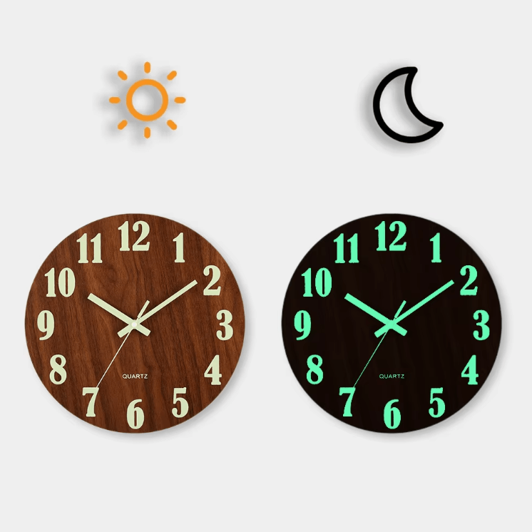 12-Inch Luminous Wooden Wall Clock – Silent Nordic Glow Night Light Design