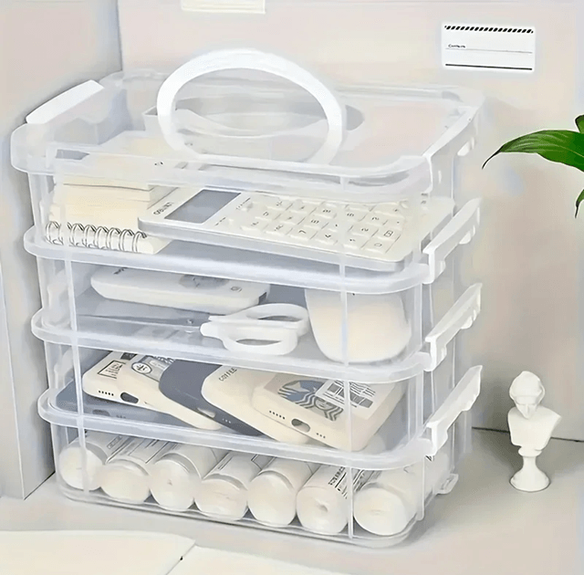 4 Layer Transparent Makeup Organizer Box Stackable Desk Storage Drawers