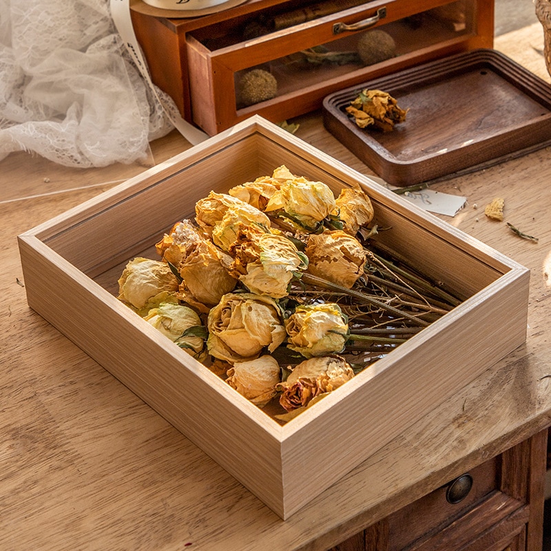 4cm Deep Transparent Shadow Box Frames for Crafts & 3D Picture Memorabilia - Wooden Tabletop Bouquet Display Flower Case