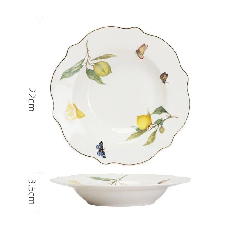 European Style Lemon Pattern Ceramic Dining Set – Elegant Dinner, Steak & Dessert Plates
