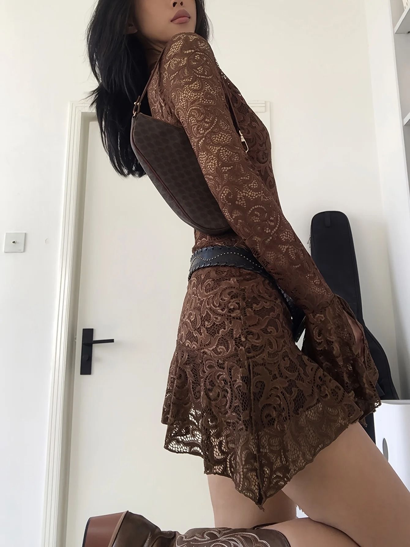 Summer Y2K Sheer Mesh Lace Bodycon Dress Flared Long Sleeve V-Neck Mini Party Club Evening Dress