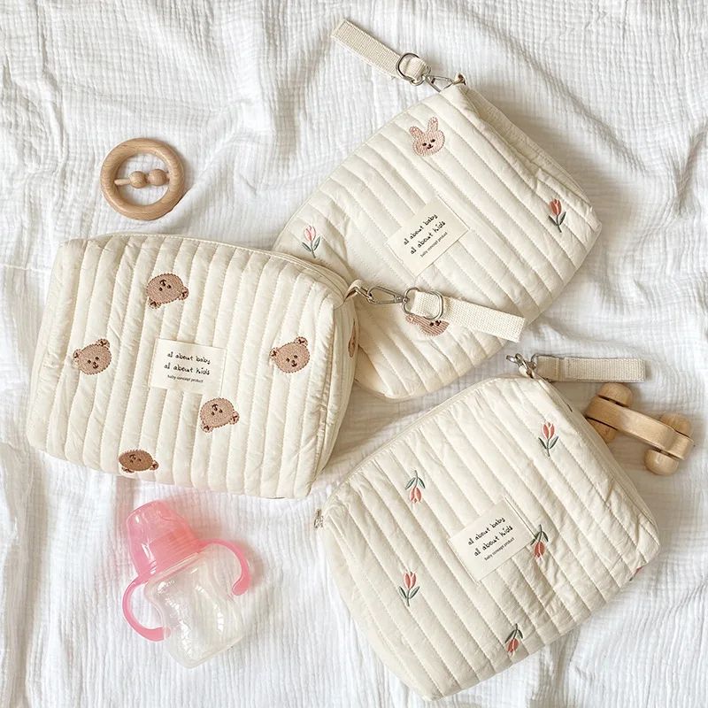 Embroidered Mommy Diaper Bag with Zipper and Stroller Storage Pouches