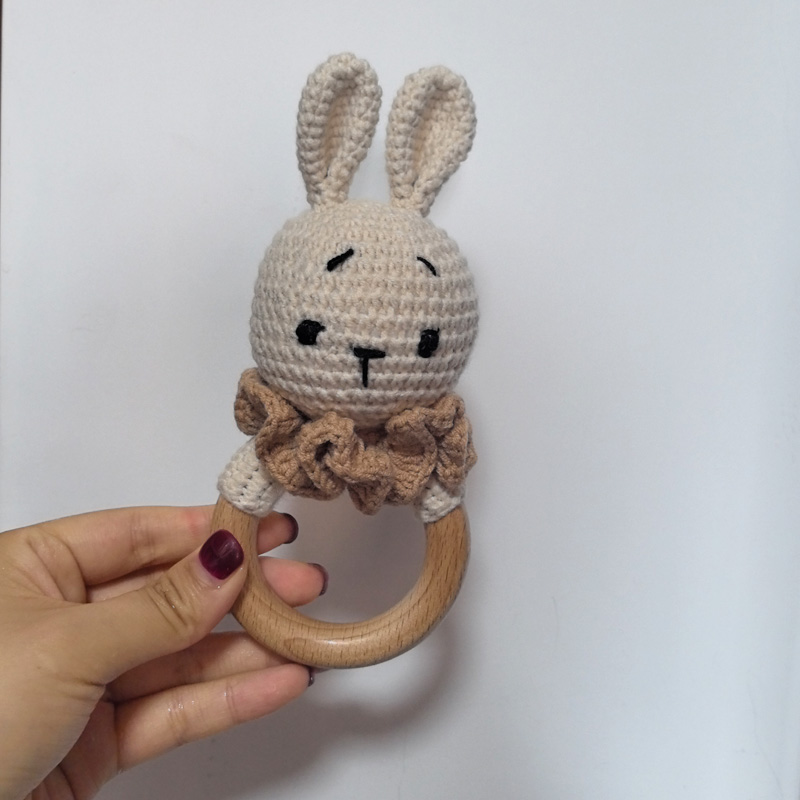 Long Ear Bunny Baby Rattler Safety Wooden Teether Mobile Crib Bell Teething Toy