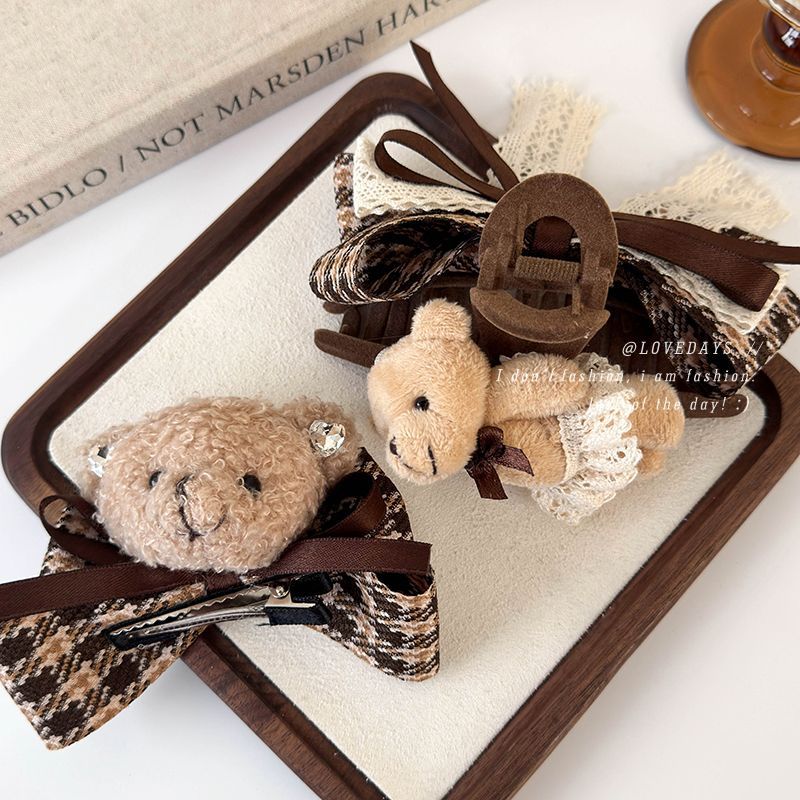 New autumn and winter checkered bow headband, cartoon fabric teddy bear clip hair clip, shark clip hair clip