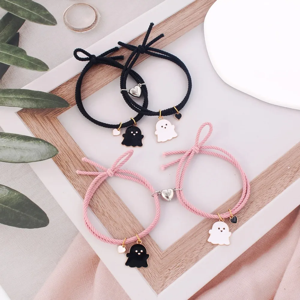 Ghost Braided Bracelet Set for Lovers Long Distance Heart Magnet Couple Friendship Jewelry Gift