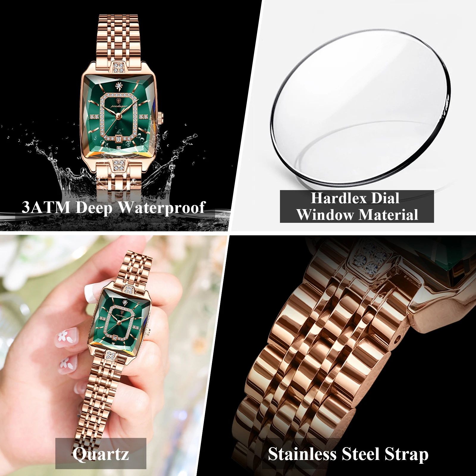 POEDAGAR Luxury Waterproof Rectangle Women's Quartz Watch with Calendar