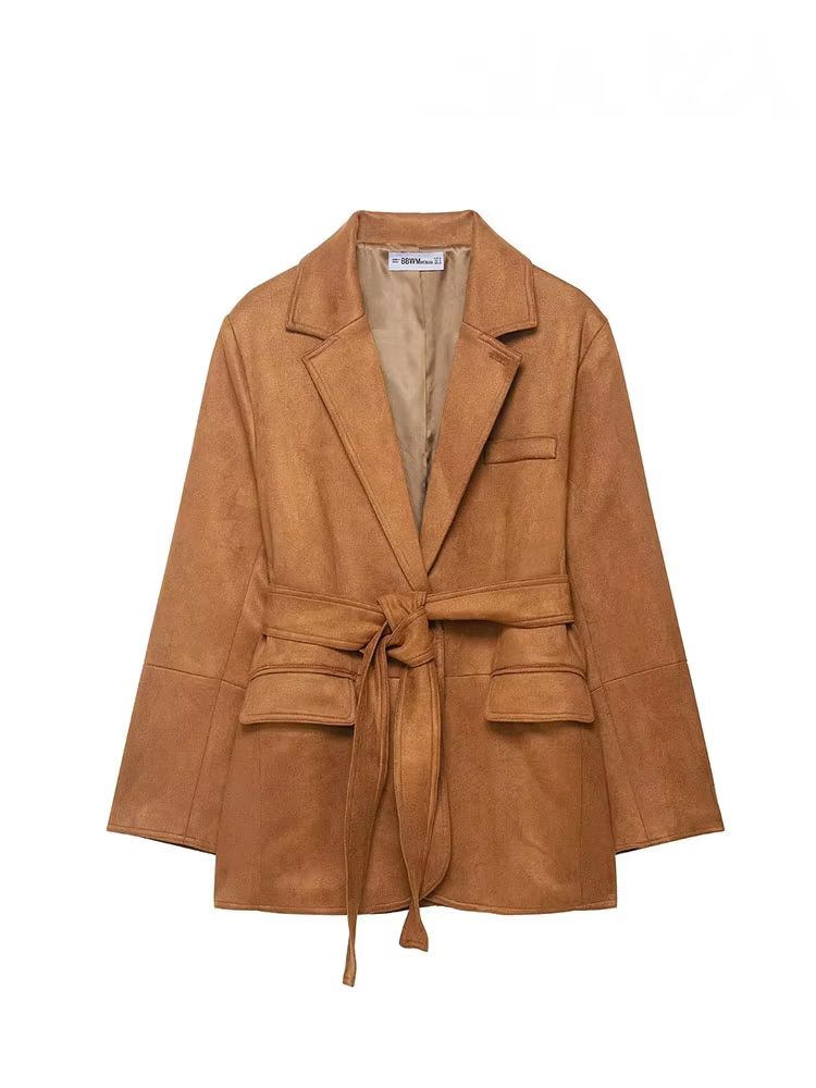 Elegant Women Casual Autumn Coat Lace Up Detail Turn Down Collar Jacket Long Sleeve Button Pocket Jacket