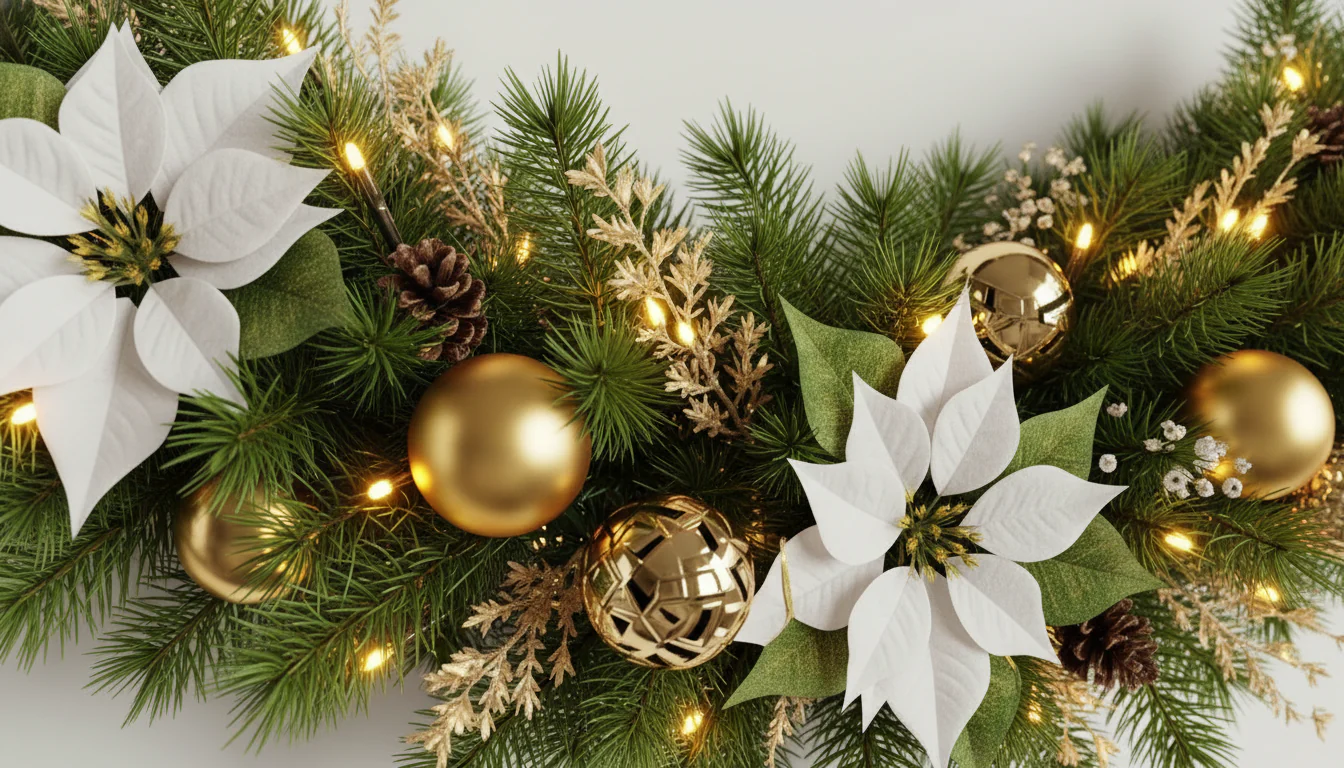 Festive Christmas Garland with Poinsettias, Gold Ornaments & Pinecones