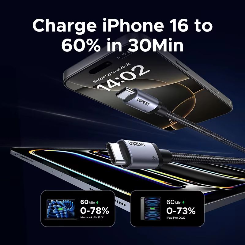 UGREEN USB-C PD60W Fast Charging Cable – High-Speed Data & Power Delivery Cord for iPhone 17/16/15, Samsung S25/S24, iPa