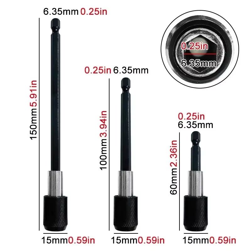 3PC Hex Quick Release Self-Locking Extension Rod Set for Electric Drill and Screwdriver