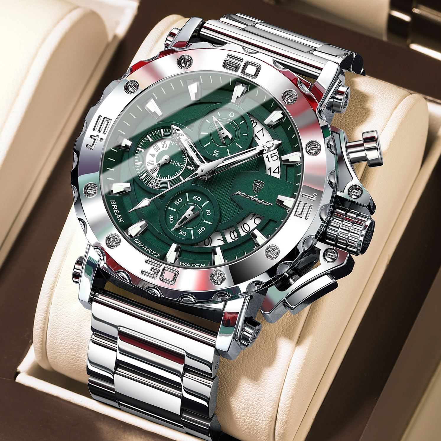 Luxury Men Chronograph Watch Waterproof Stainless Steel Luminous Calendar Timepiece