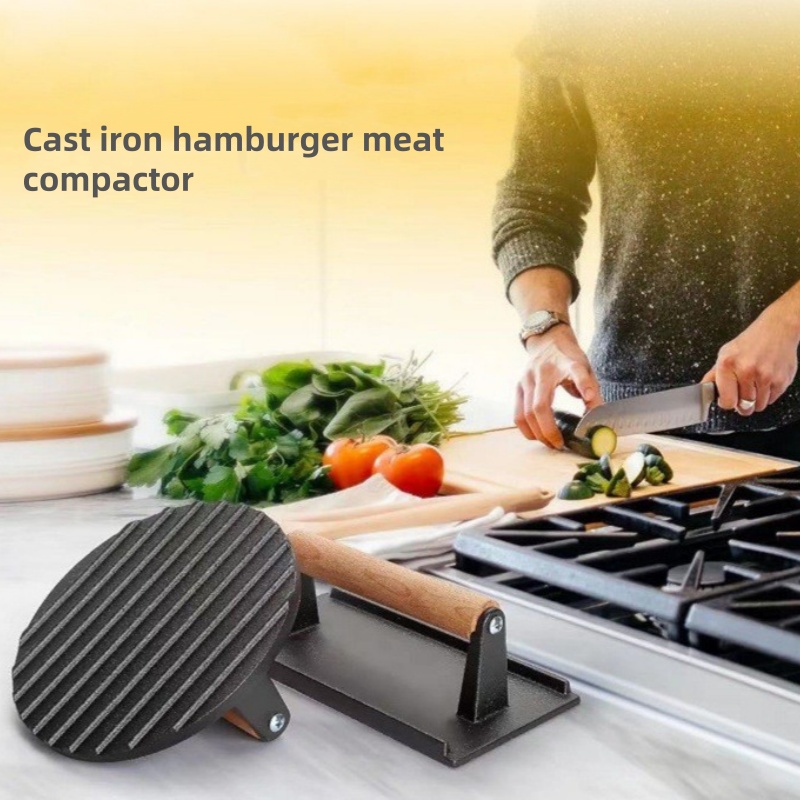 Iron Rectangular Meat Press, Heavy-Duty Round Steak Burger Press, Barbecue Press for Flat Top Grill, Hamburger Grinder
