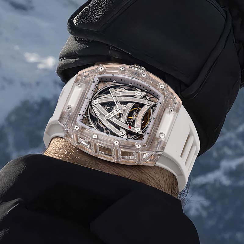 Luxury PINDU Men Mechanical Watch, Skeleton Design, Sapphire Glass, Waterproof Stainless Steel Automatic Wristwatch