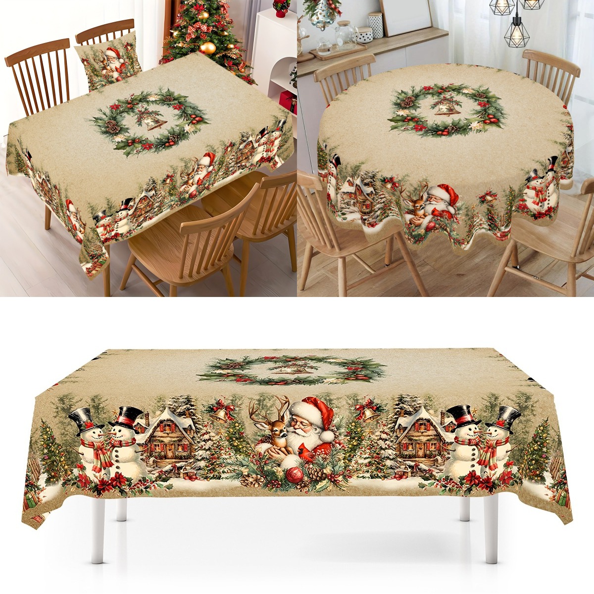 Vintage Christmas Tablecloth with Santa Snowman Design, Christmas Decorations for Home, Xmas Gifts Navidad Noel New Year