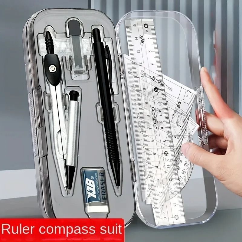 Transparent Plastic Geometry Compass and Ruler Set Durable Drawing Kit for School Students