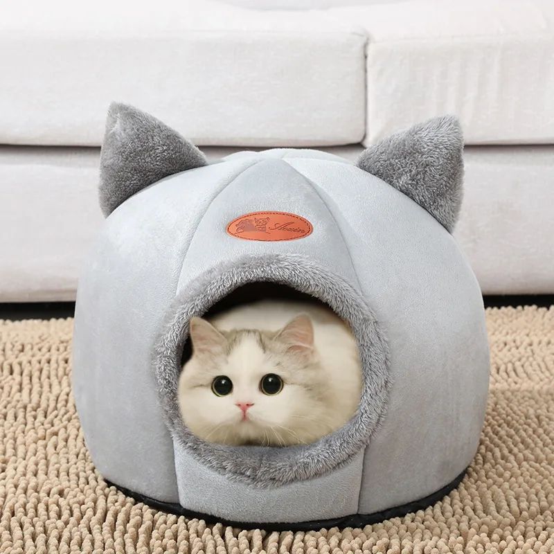 Winter Cozy Cat Cave Bed – Warm Enclosed Pet Tent House for Cats & Small Dogs