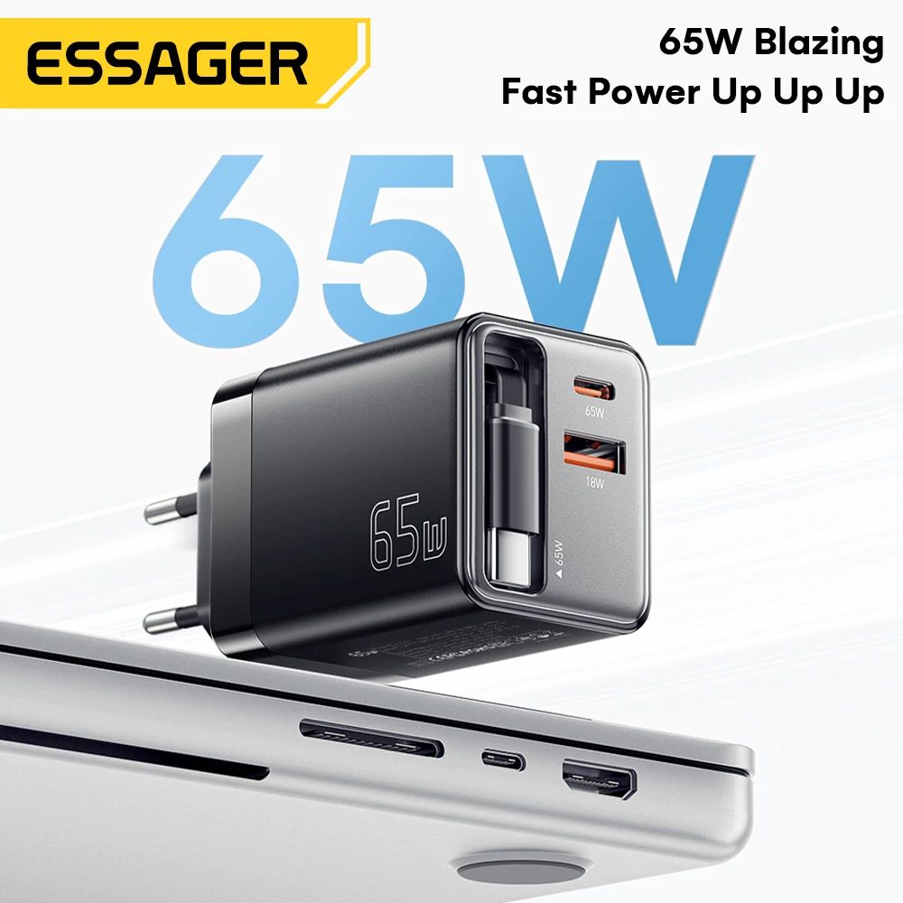 Essager 65W GaN Charger with Retractable Cable – PD Fast Charging USB-C Laptop & Phone Power Adapter