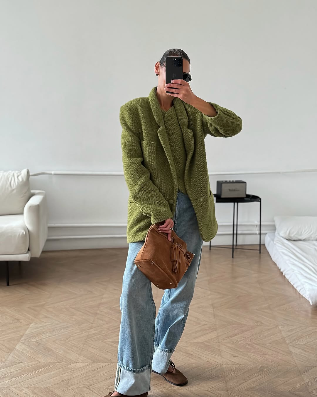 Fashionable Green Woolen Coat for Women, Chic Collar, Single Button Jacket, Solid Color Highstreet Outerwear, Autum