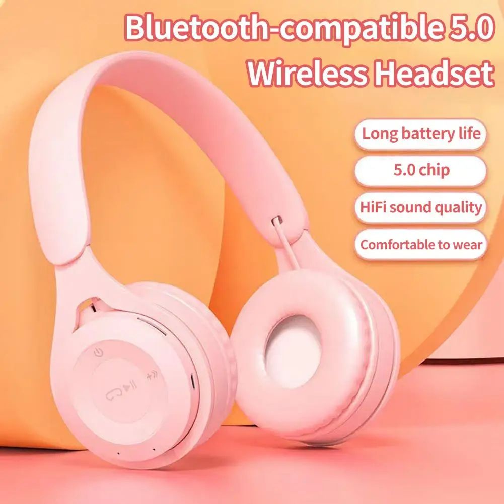 Cute Bluetooth 5.0 Wireless Headphones with Noise Reduction, Stereo Gaming Sports Headset, Built-in Mic for Calls