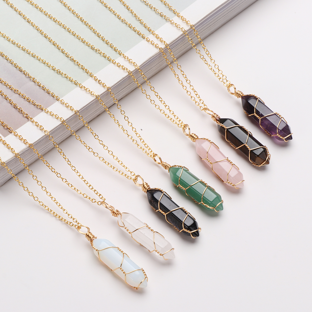 1Pc Fashion Hexagonal Cylindrical Crystal Necklace, Wire Wrap Amethyst Pendant, Natural Stone Valentine Day Gift