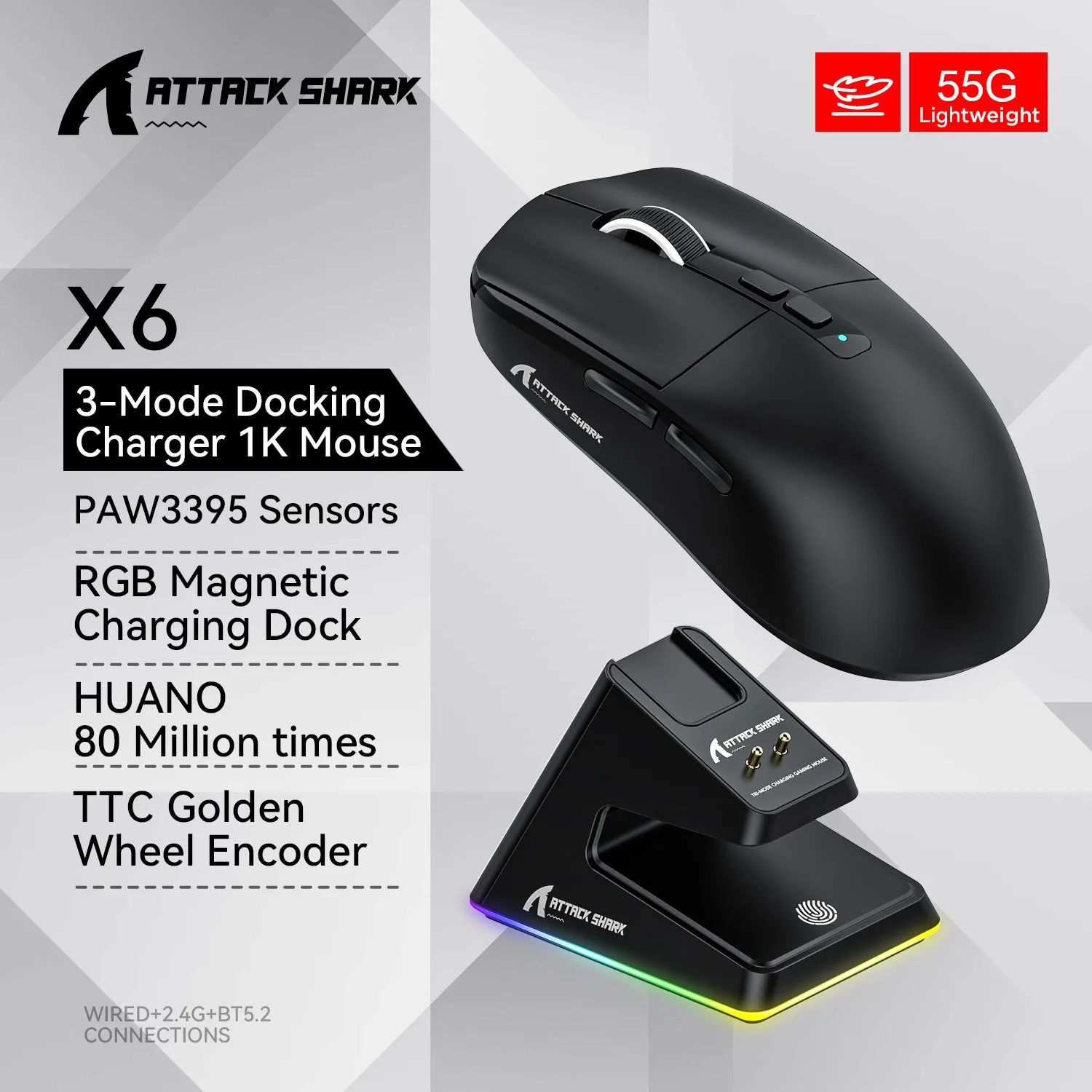 Attack Shark RGB Wireless Gaming Mouse – Tri-Mode Bluetooth Lightweight FPS Mouse