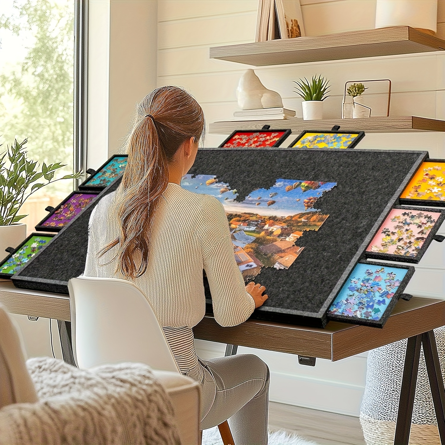 Foldable Puzzle Storage Table with Felt Top, Drawer Organizer for Easy Storage