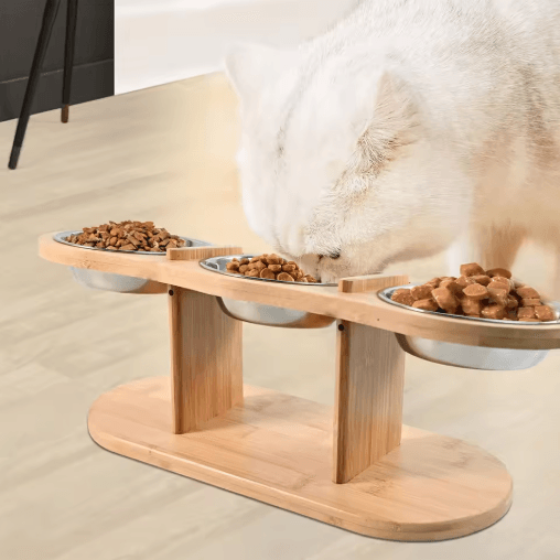 Raised Cat Feeder with 3 Stainless Steel Bowls 15° Ergonomic Wooden Feeding & Watering Station