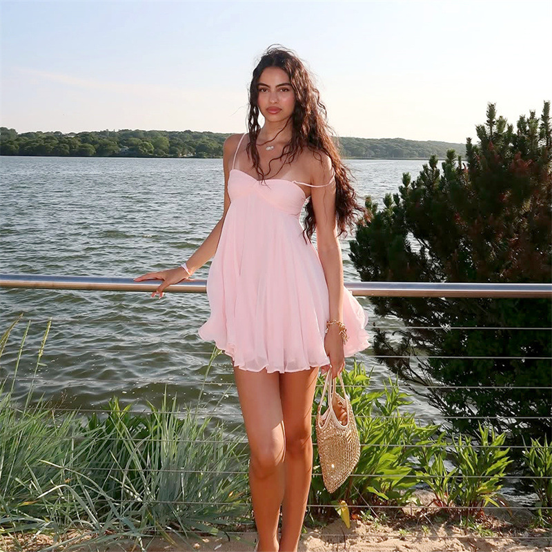 Chiffon Strapless Backless Sexy A-line Dress Women, Spaghetti Strap Party Bodycon Mini Summer Dress