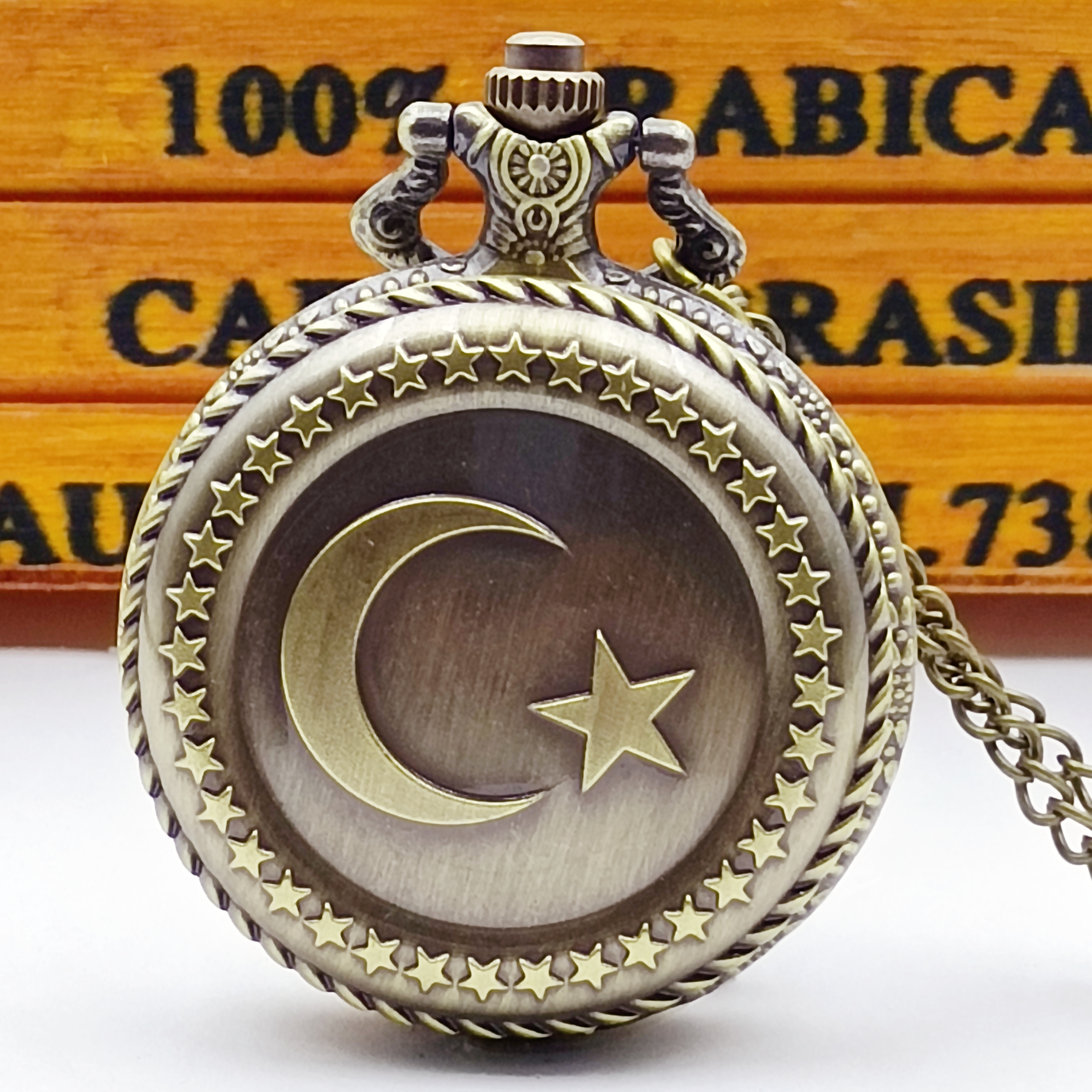 Vintage Pocket Watch Necklace with Star Moon Engraving Quartz Pendant