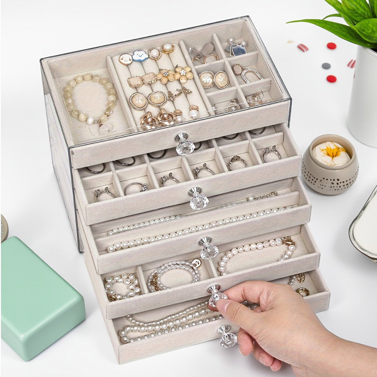 Elegant jewelry display box, 5-layer jewelry box, velvet drawer tray, transparent jewelry storage box for home decor
