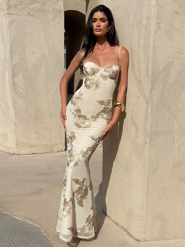 Nibber Elegant Flower Embroidery Maxi Dress Women, Low Neck Cross Bandage Backless Summer Skinny Holiday Vestidos