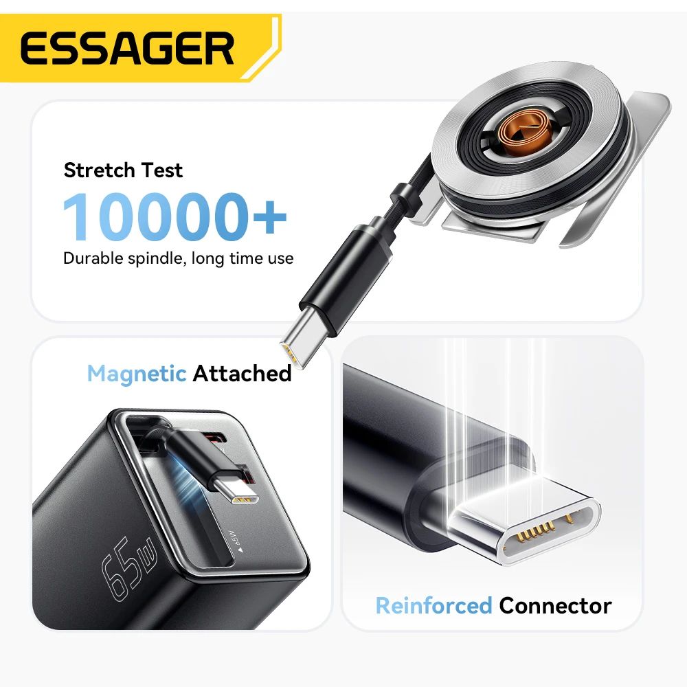 Essager 65W GaN Charger with Retractable Cable – PD Fast Charging USB-C Laptop & Phone Power Adapter