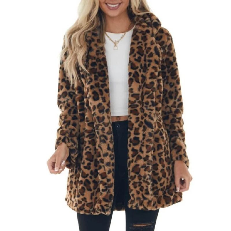 Womens Leopard Faux Fur Coat | Premium Winter Streetwear Overcoat & Casual Turn-Down Collar Jacket