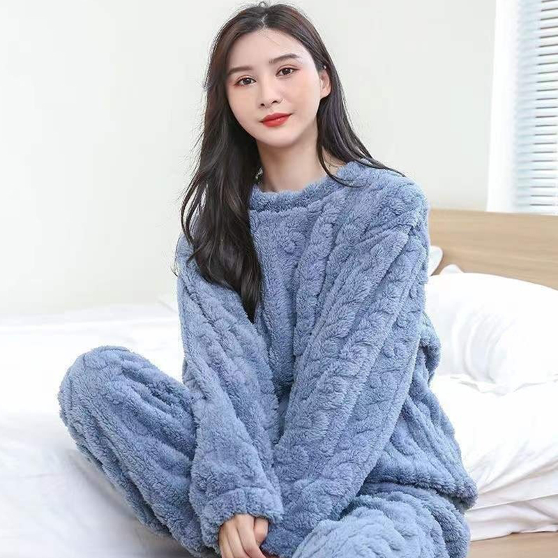 Women Casual Pajama Sets, Autumn Women Solid Warm Piece Sets, Thicken Velvet Ribbed Fleece Set Pullover and Pants