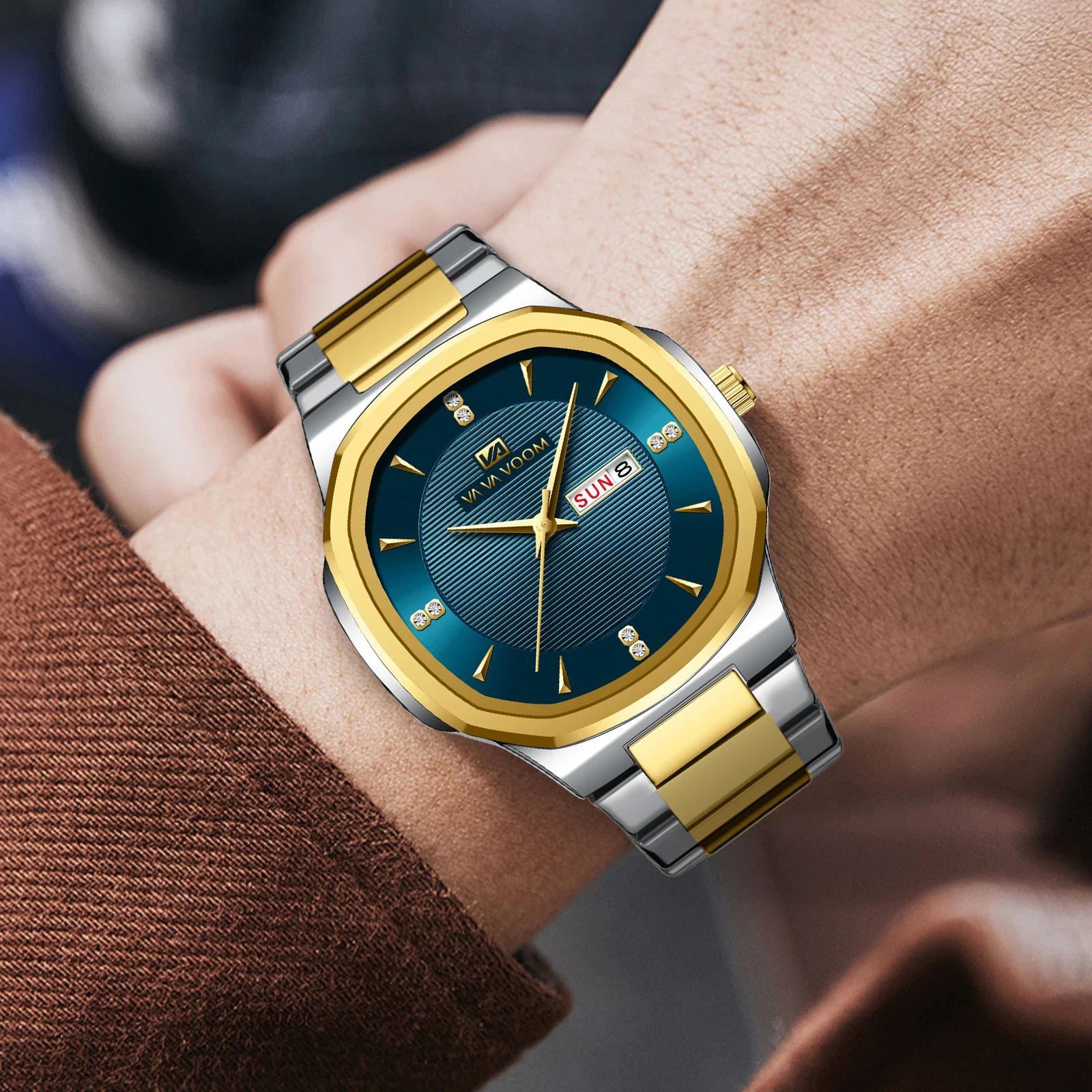 VA VA VOOM Gold Rhinestone Men's Luxury Watch – 41MM Stainless Steel Waterproof Quartz Business Timepiece