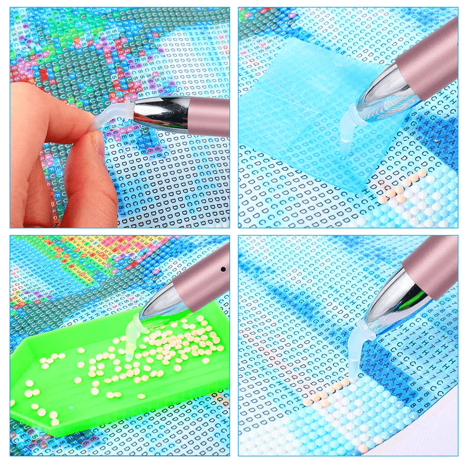 Diamond Painting Drill Pen with LED Light, USB Rechargeable DIY Embroidery Tool with 5 Replaceable Heads