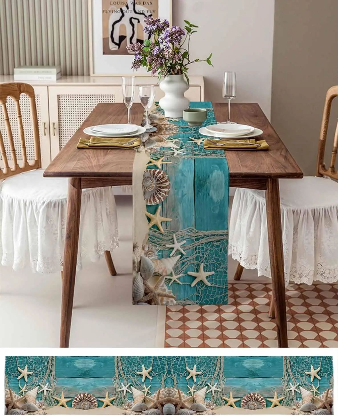 Coastal Starfish Linen Table Runner – Summer Beach Table Decor for Dining & Parties