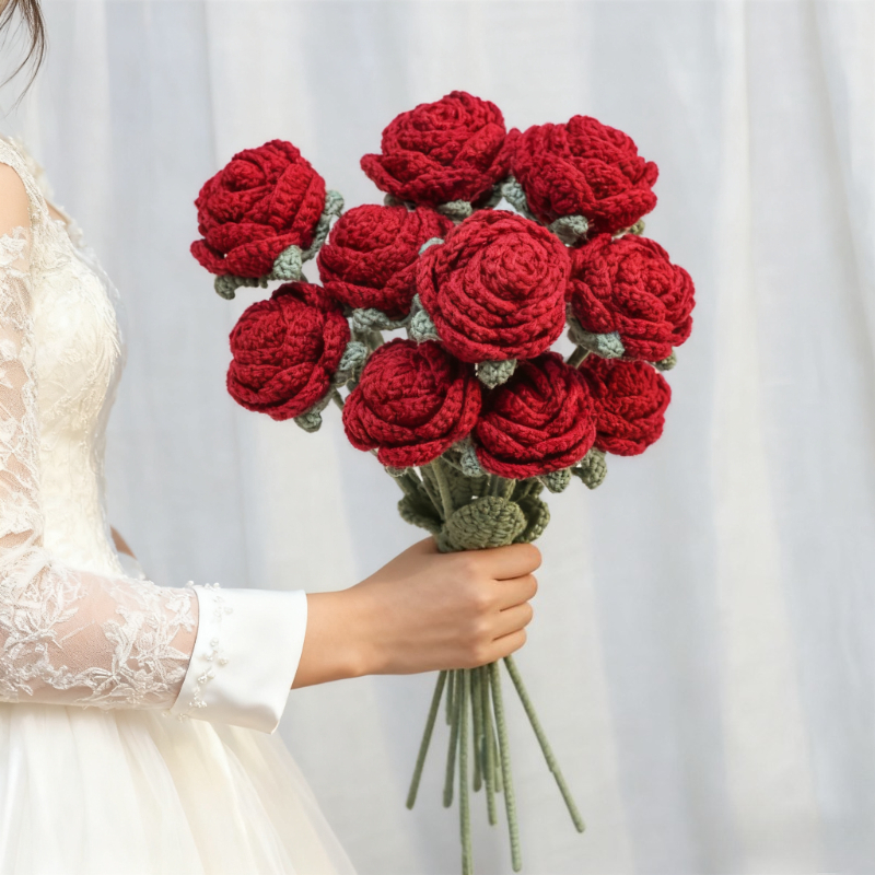 Faux Flower Arrangement, Handmade Knitted Rose Bouquet, Wedding Party Decorations
