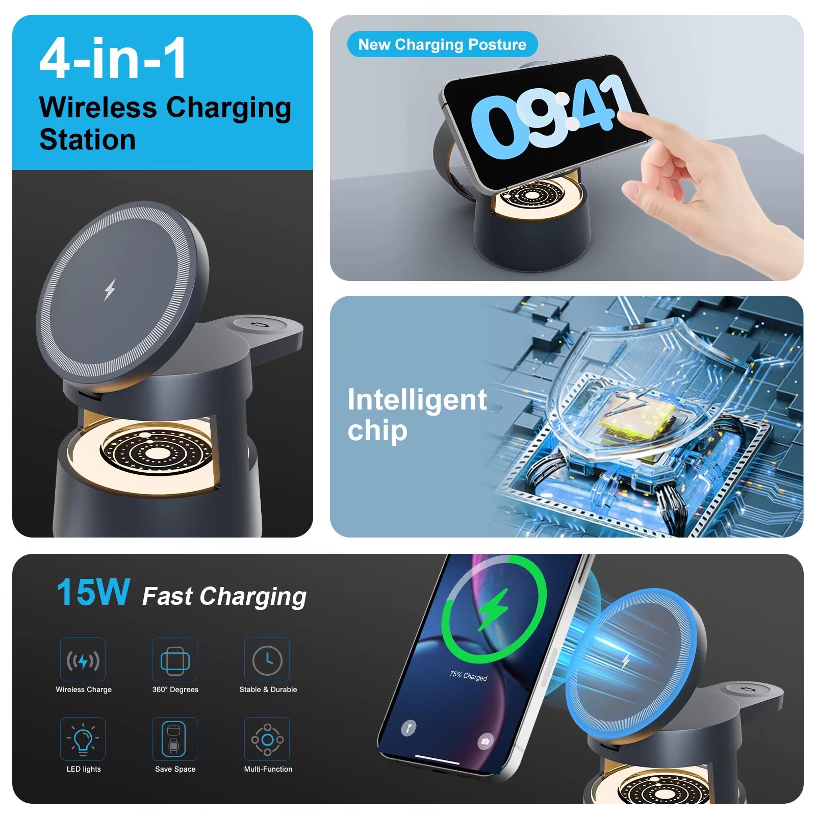 4 in 1 Magnetic Wireless Charging Station 15W Foldable with Night Light for iPhone, Apple Watch Ultra, and AirPods