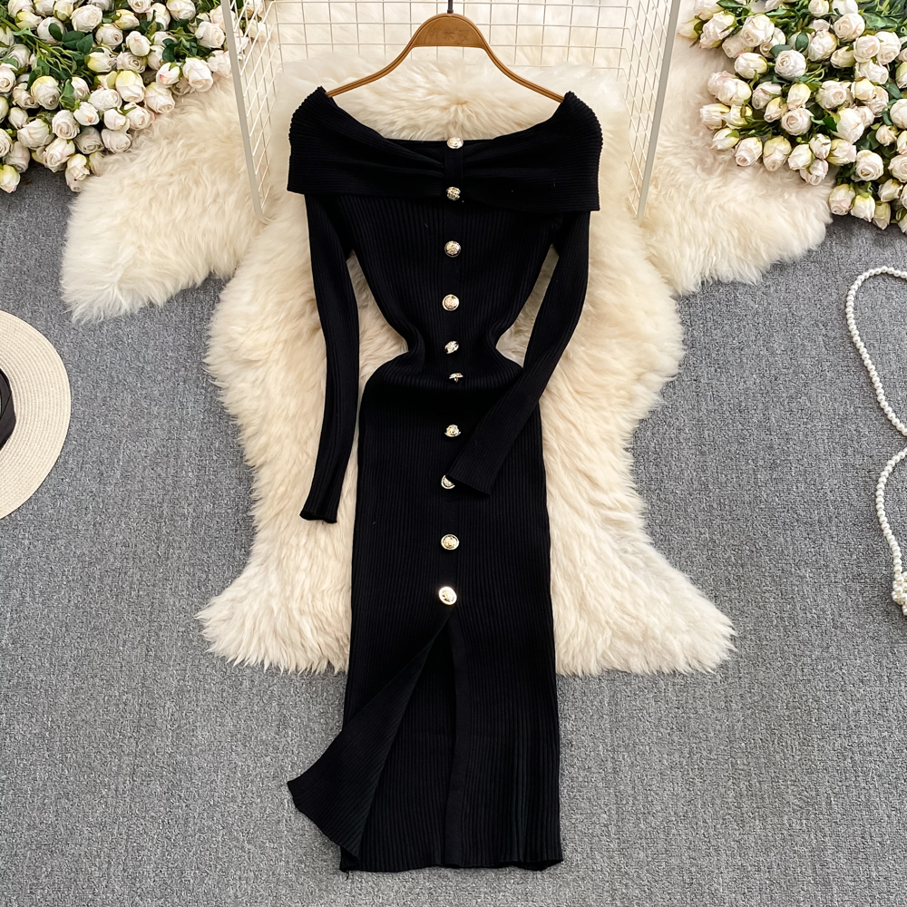 Ins Fashion Women Christmas Red Party Dress, High Waist Off Shoulders, Long Sleeve, Front Split Knitted Bodycon Robe