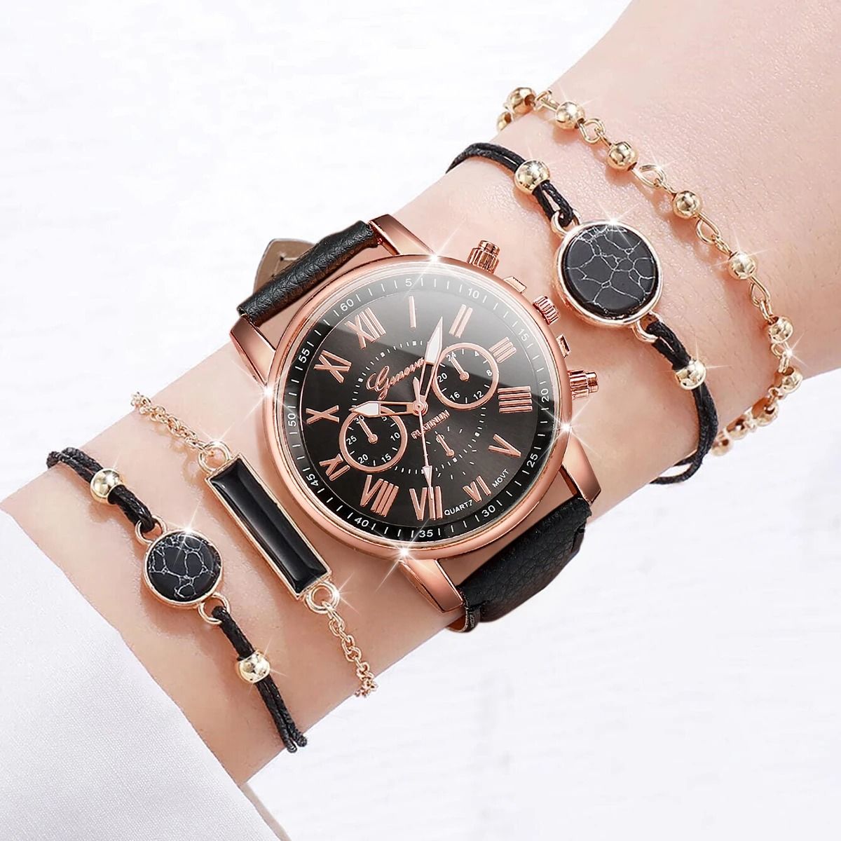 Women Luxury Watch and Jewelry Set Roma Dial Leather Band Quartz