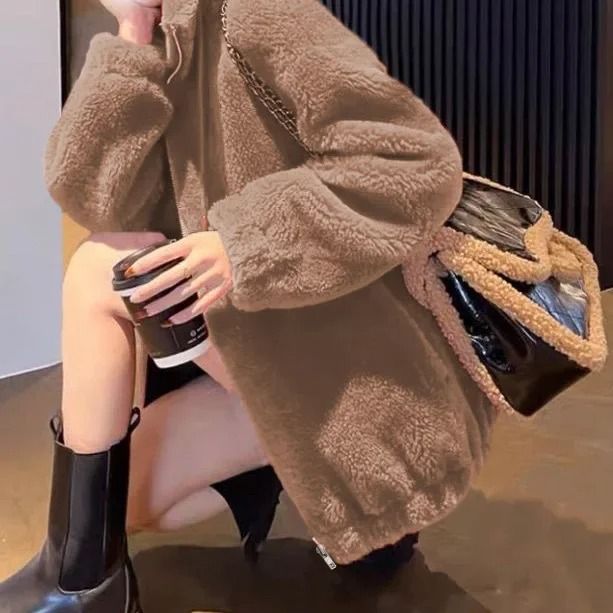 Women thickened fleece zip up stand collar hoodie jacket casual winter outerwear