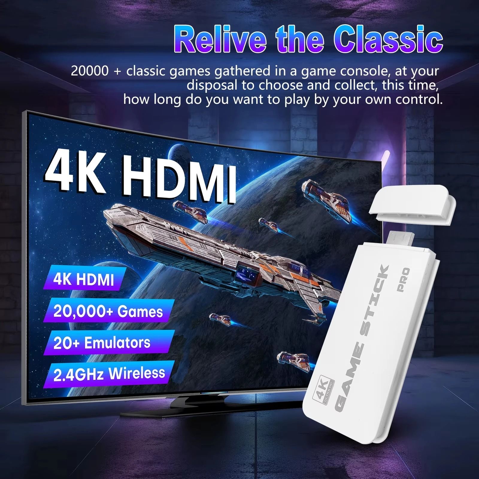 M15 4K Ultra HD TV Game Stick – Video Game Console with 20,000+ Retro Games – Dual Wireless Controllers